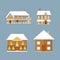 Xmas house set with snow on the rooftop. Christmas decorative house with fire chimney. Multicolor houses. Cute Christmas-decorated