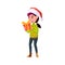 xmas mood girl wear santa hat opening new year present cartoon vector