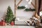 Xmas in morning living room. Sofa bed In christmas Interior. celebrate the new year and holidays. Christmas tree and