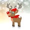 Xmas reindeer with red scarf and cap on snowflakes background