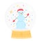 Xmas snowman in holiday glass globe icon, cartoon flat style