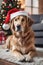 xmas theme Dog wearing a Santa hat with Christmas decorations in the background