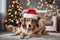 xmas theme Dog wearing a Santa hat with Christmas decorations in the background