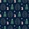 Xmas tree, snowflakes, rabbit seamless pattern on dark blue background.
