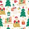 Xmas vector seamless pattern with Santa, snowmen, sleds with gift boxes and Christmas trees