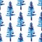 XMAS watercolor Fir Tree Seamless Pattern in Blue Color. Hand Painted Spruce Pine tree background or wallpaper for