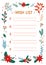 Xmas wish list flat vector illustration. Want list with numbers and floral ornaments. Christmas note to Santa. Winter