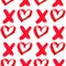 XO with heart drawn with red lipstick. Seamless pattern XOXO on white background. Hugs and kisses abbreviation symbol. Easy to