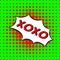 Xoxo - Comic Text, Pop Art style. green and red dotted halftone background. Vector love hugs and kisses message.