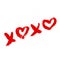 XOXO hand phrase with heart written with red lipstick on white background. Hugs and kisses sign. Grunge brush lettering XO. Easy