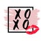 XOXO hugs and kisses brush lettering and lipstick kiss on a white background. Vector.