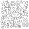 y2k doodle clip art elements set. Black outline design elements - smiling daisy flower, hearts with wings, mushroom