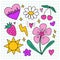 y2k doodle clip art elements set. Outlined bright colorful design elements - smiling daisy flower, hearts, strawberry