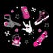 Y2k glam pink stickers. Skateboard, tie, phone, mp3 player, sneakers and other elements in the trendy emo-goth style of