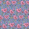 Y2k pink and blue Valentine's day semless pattern. Heart characters with floral hippie elements in trendy 90s style