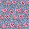 Y2k pink and blue Valentine s day semless pattern. Heart characters with floral hippie elements in trendy 90s style