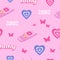 Y2k seamless pattern. Old phone, 2000s, hearts, butterfly. Vector