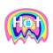 Y2K sticker with a melting rainbow ellipse and the word Hot. Text graphic element in bright acid colors. Nostalgia for the 2000s.