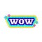 y2k sticker with the word WOW with color outline and stars. Text graphic element in bright acid colors. Nostalgia for the 2000s.