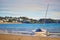 Yacht anchored on sand beach in Erquy, Brittany, France