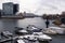 Yacht berth on the Rhine River in Dusseldorf on the background of the business center , Dusseldorf,Germany December 10, 201