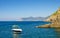 Yacht boat sail on water of Ligurian and Mediterranean Sea near coastline of Riviera di Levante of National park Cinque Terre