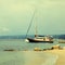 Yacht boats, pier and sand beach, Mediterranean Sea, Greece