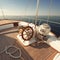 Yacht deck with lifebuoy sail, ropes and wheel. AI generative.