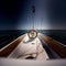 Yacht deck with lifebuoy sail, ropes and wheel. AI generative.