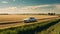 Yacht Driving On Country Road Surrounded By Fields