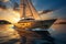Yacht glides through the golden hues of a sunset, epitomizing luxury and elegance