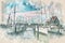Yacht harbor in Volendam, the Netherlands,  in watercolor sketch style