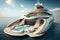 yacht, with its deck lined with sun loungers and bbq equipment, surrounded by sun-drenched waters