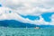 Yacht in the Kotor bay, Montenegro. Summer landscape