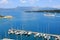 The yacht marina of the Old Fortress of Corfu with the Gulf of Corfu and Mount Pantokrator at the back, Corfu City, Corfu Island,