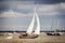 Yacht navigating the river under sail