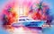 Yacht near the palm island at sunset, multicolor painting.