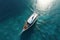 Yacht in the ocean, top view from the mast. AI generative