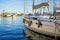 Yacht parking in harbor, harbor yacht club in Marina in Monte-Carlo, Monaco. Beautiful Yachts in blue sky background