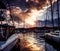 Yacht port on dramatic sunset