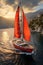 Yacht with red sails in the bay among mountains and cities, summer active expensive vacation at sea