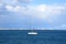 Yacht with a sail. Sailboat at sea on sailing on waves. Yachtsman during training on a sailboat.