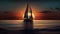 Yacht sailing against sunset. Holiday lifestyle landscape with skyline sailboat and two seagull. Yachting tourism -