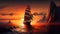Yacht sailing against sunset. Holiday lifestyle landscape with skyline sailboat and two seagull. Yachting tourism -