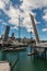 Yacht sailing through open bridge in Auckland marina