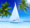 Yacht Sailing in a Sea with Coconut Palm Trees by the Side