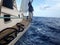 Yacht sailing on the sea, side view,waves, mobile stock