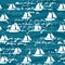 Yacht seamless pattern, unreadable text, handwritten notes, palm, sunset, vector illustration