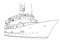 Yacht vector, contour silhouette ship on white background, black and white drawing for coloring book