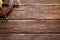 Yachting background - ship`s steering wheel on wooden table